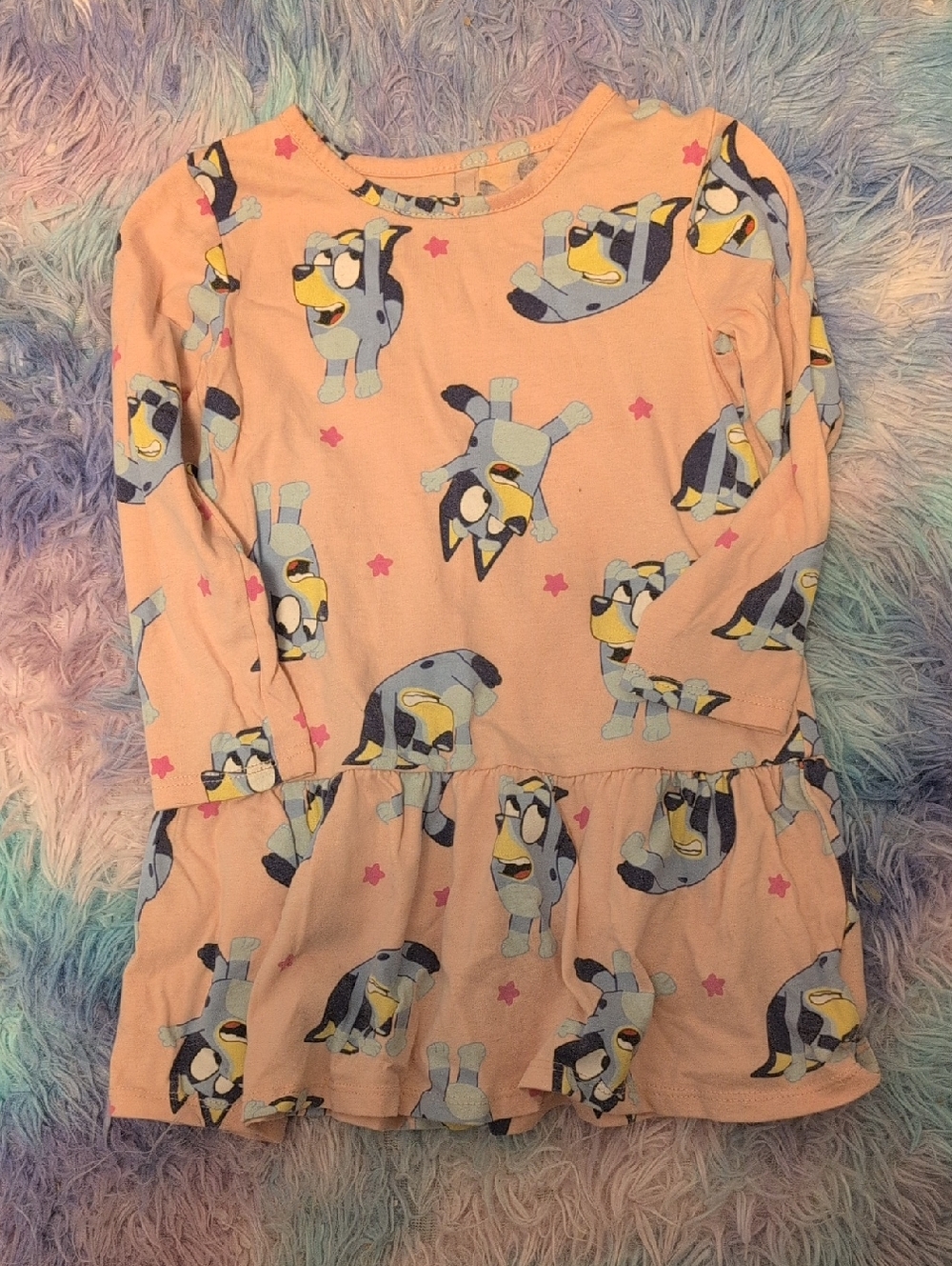 Girls' Pink Blue Puppy Print Long-Sleeve Dress